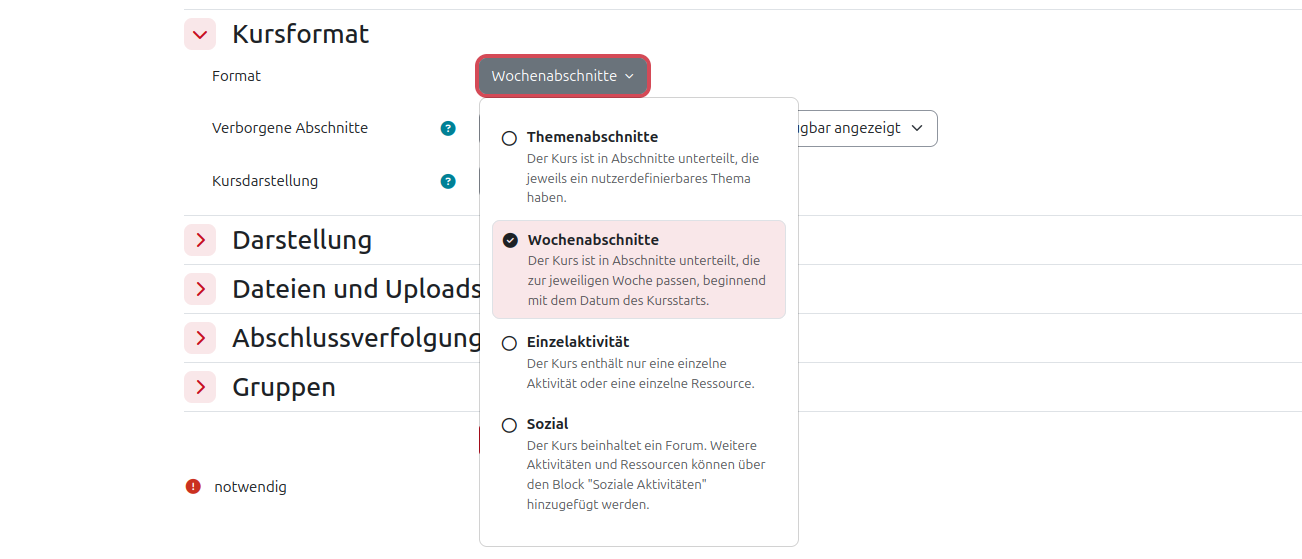 Screenshot der Einstellung "Format" im Abschnitt "Kursformat" in den Einstellungen eines Kurses