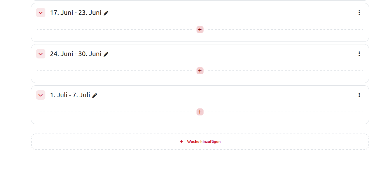 Screenshot einer Kursseite im Bearbeitungsmodus mit der Schaltfläche "Woche hinzufügen"