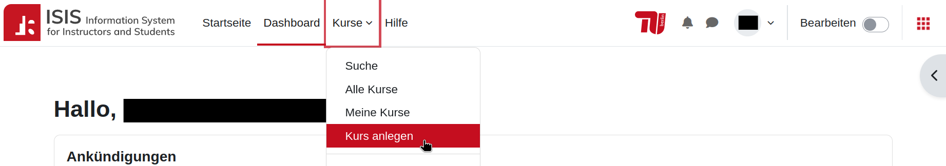 Screenshot des Menüpunktes "Kurs anlegen"