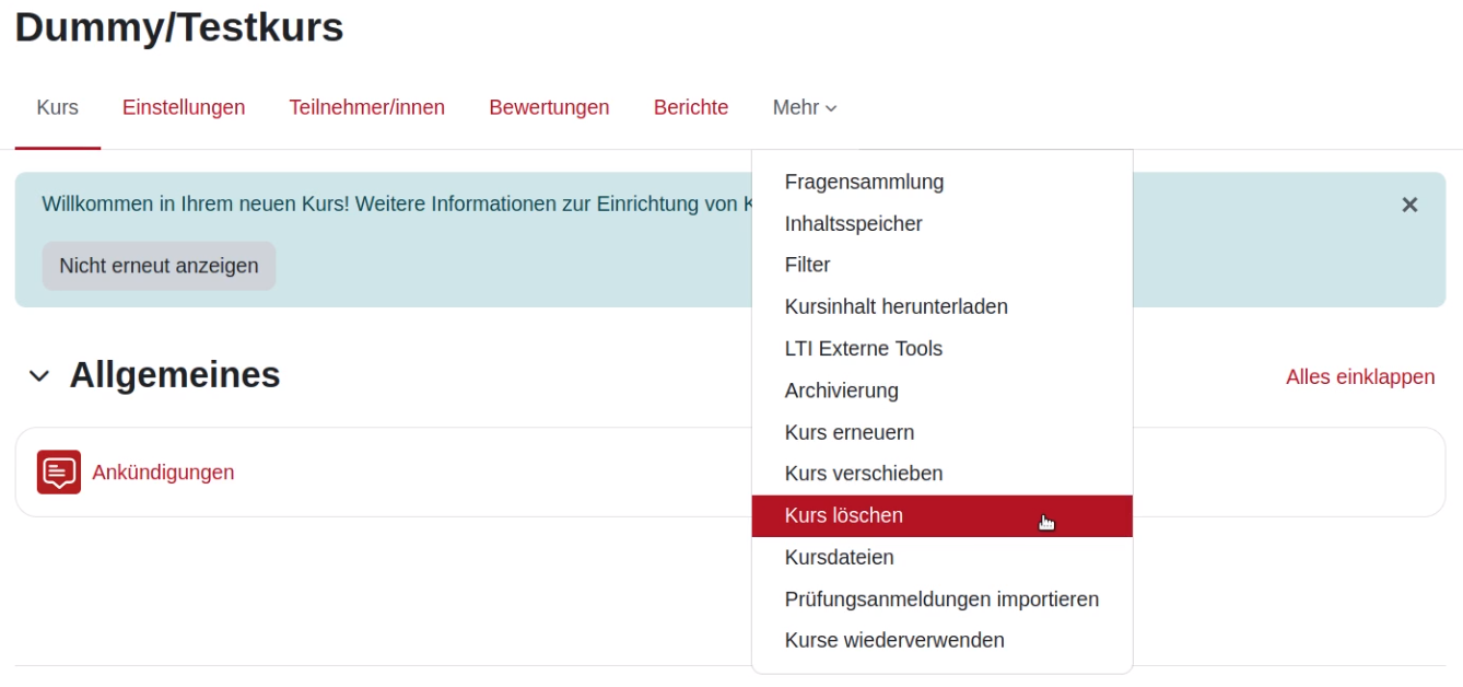 Bild Zeigt das Dropdownmenu "Mehr" in welchem es möglich ist "Kurs löschen" zu wählen.