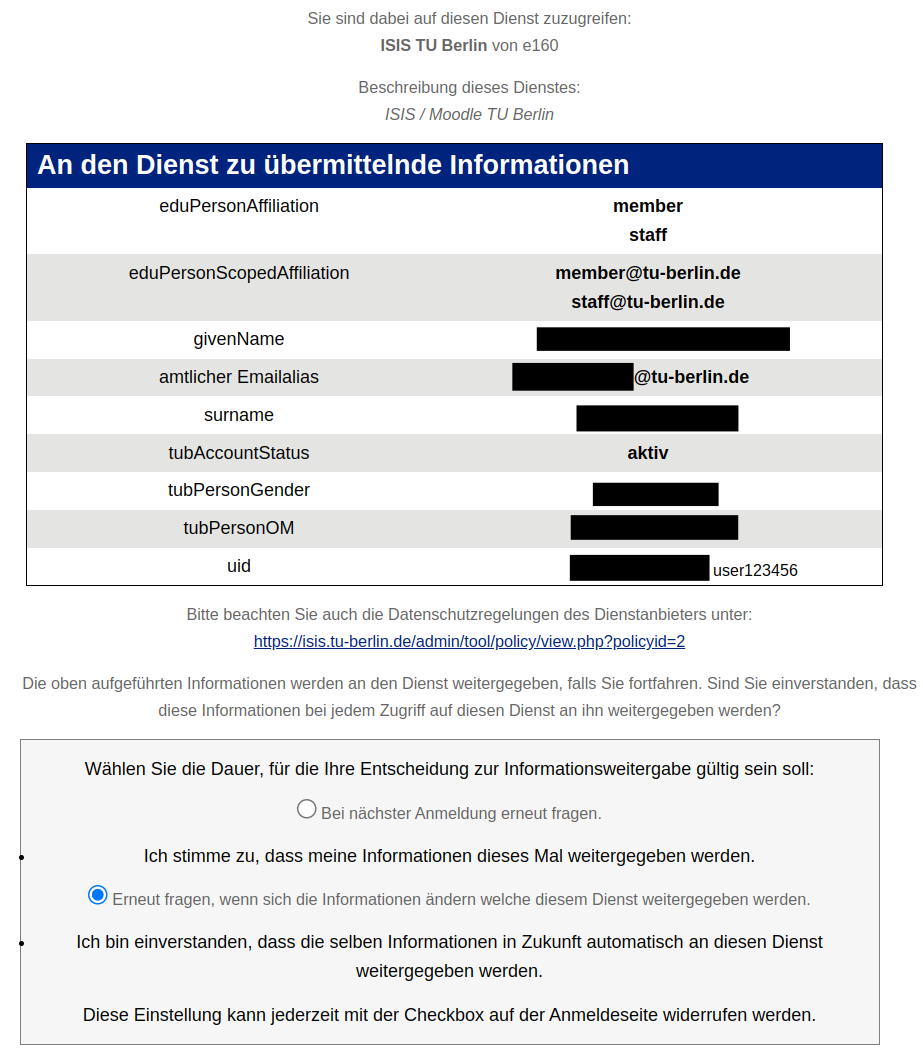 Screenshot von der Tabelle, welche die an ISIS vom TUB Account übertragenen Daten enthält