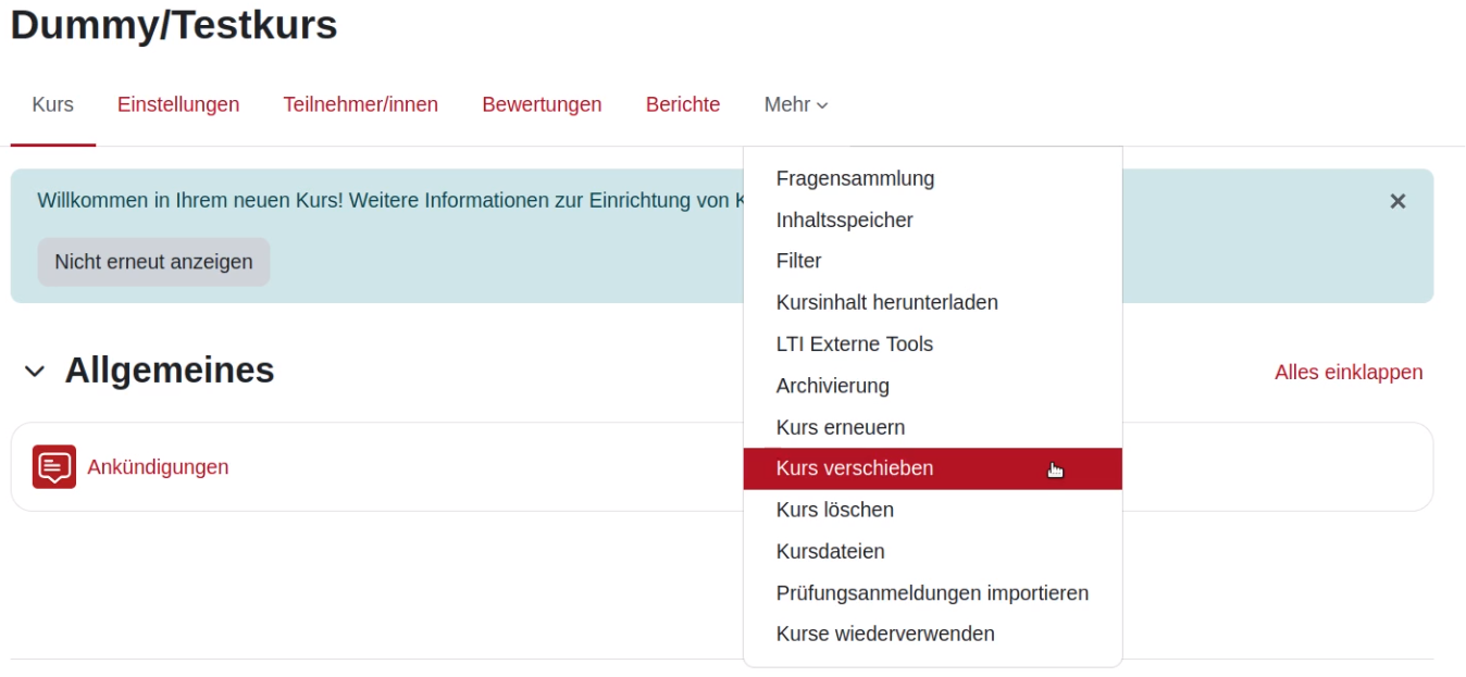 Das Bild zeigt das "Mehr" Dropdownmenu, in welchem es möglich ist "Kurs verschieben" zu wählen.