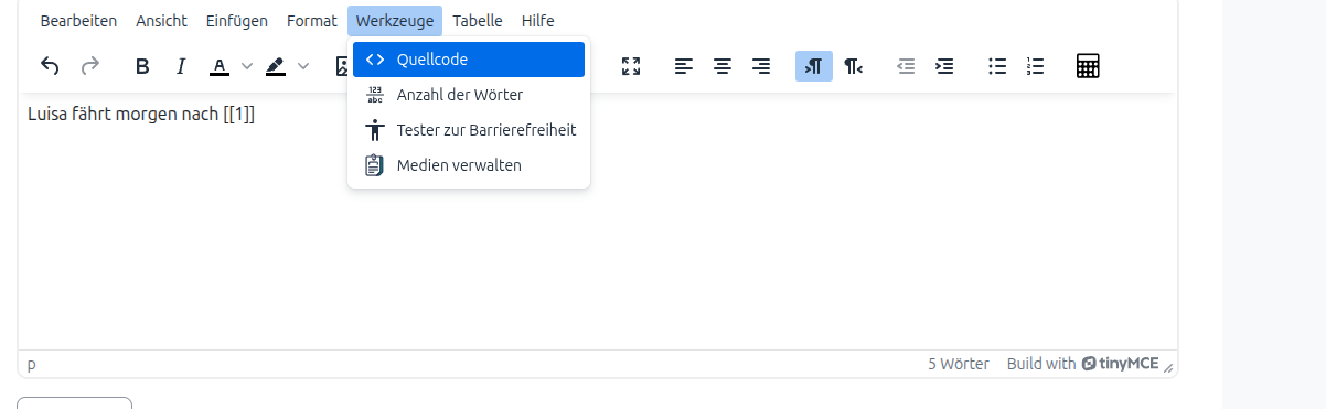 Screenshot von dem Menü "Werkzeuge" im Text-Editor