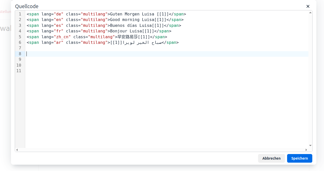 Screenshot von einer beispielhaften Verwendung des Multi-Language Content Filters